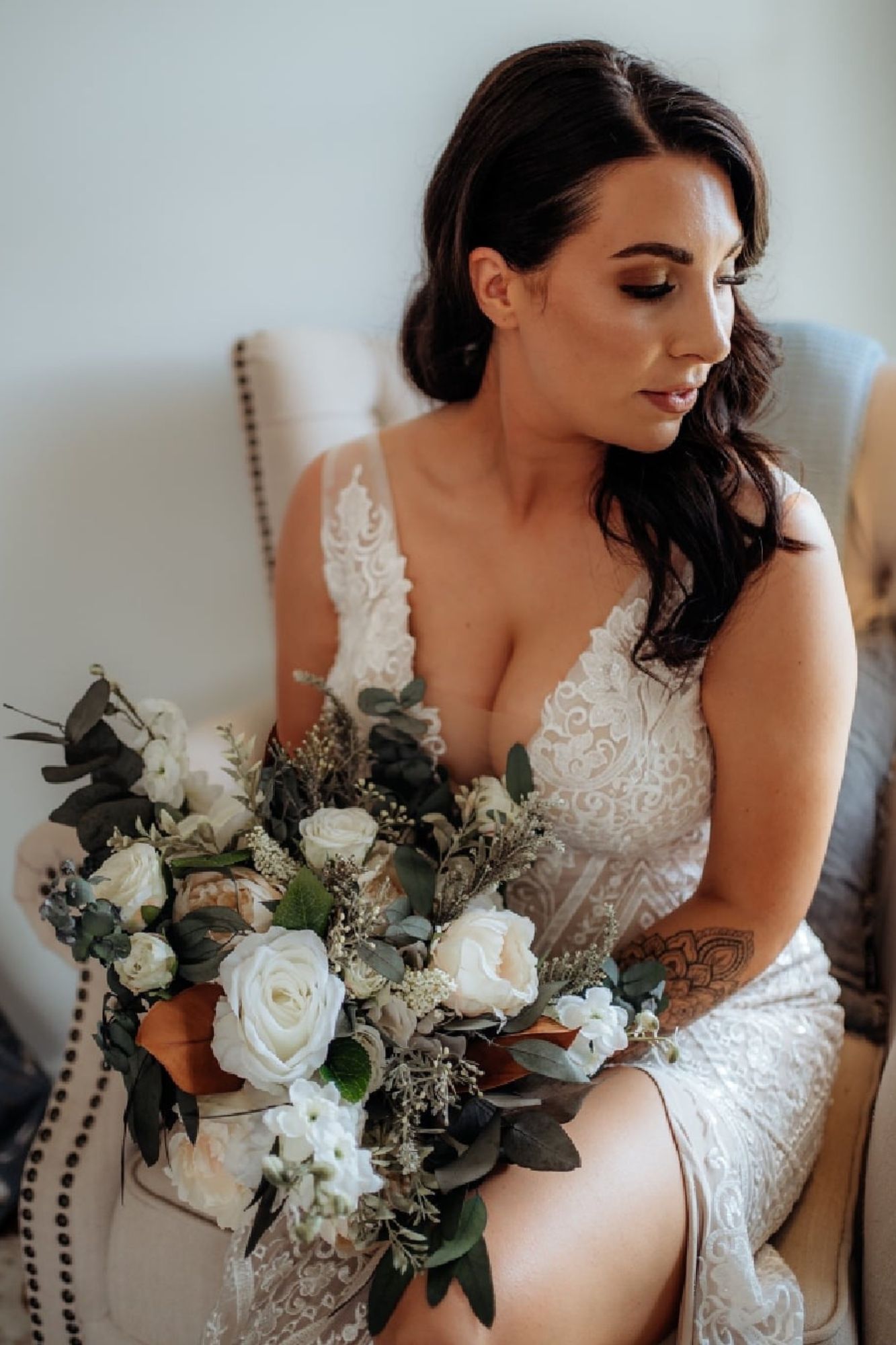 Flowergirl Bride and preserved foliage wedding silk flower bouquet close up