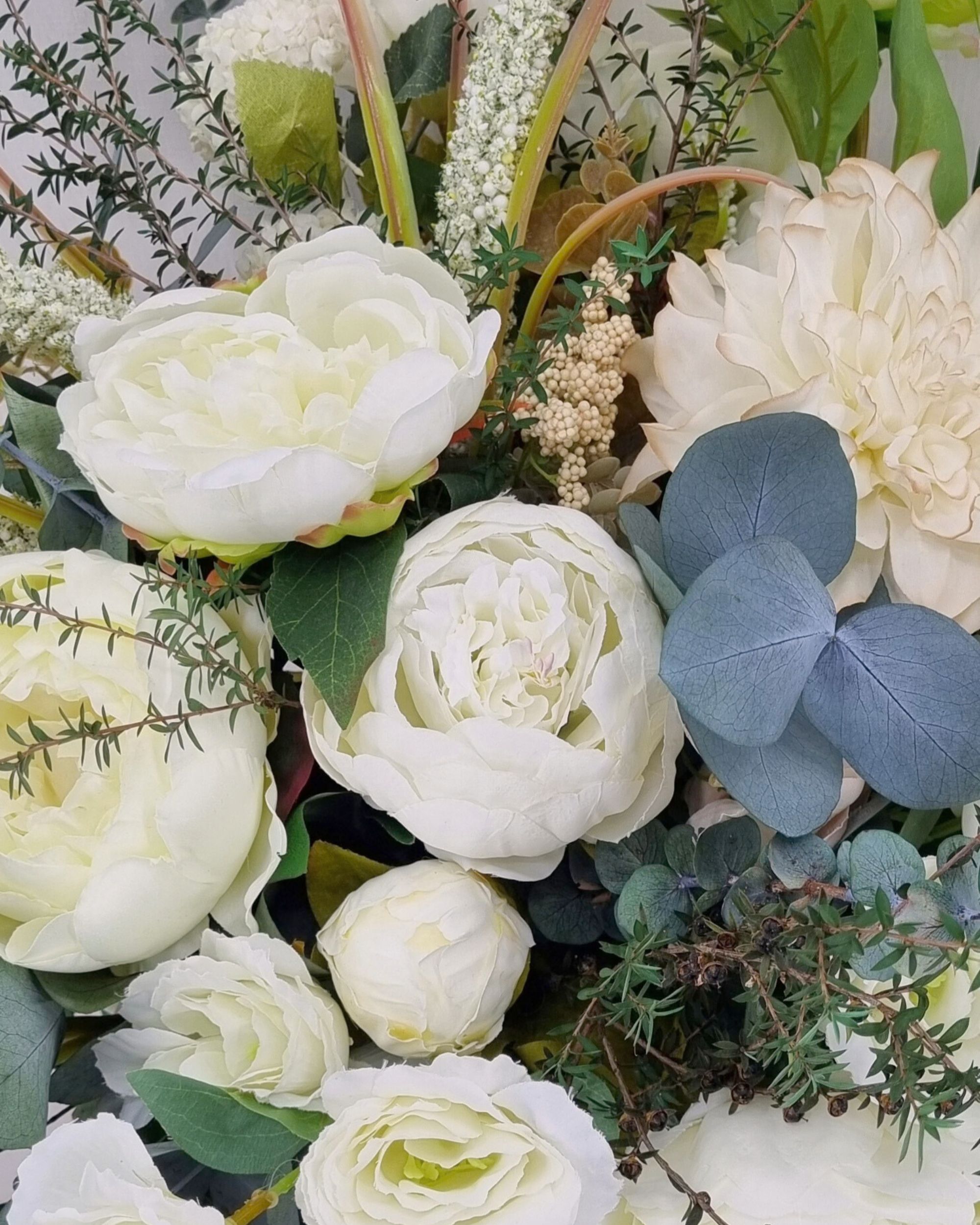 Close up of preserved foliage and ivory floral bouquet - Flowergirl NZ