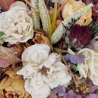 Close up of preserved foliage and earthy toned silk floral bouquet - Flowergirl NZ