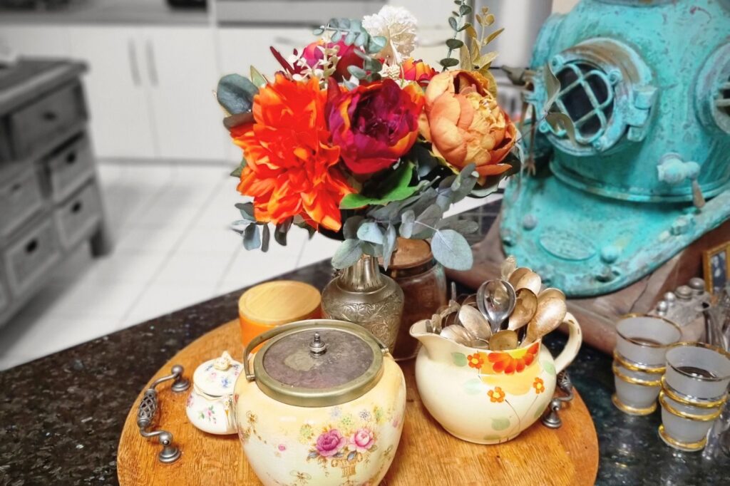 flowergirl small bright bouquet in kitchen